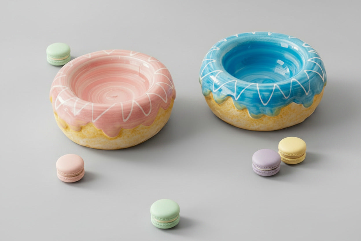 Donut ceramic pet bowl set of 2: pink and blue glazed bowls