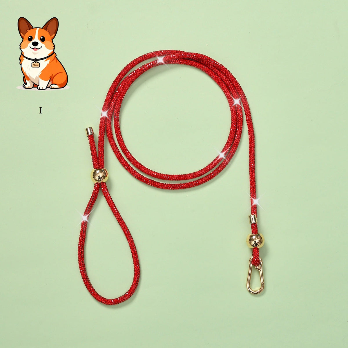 Rhinestone dog leash with red sparkly cord and gold clasp hardware