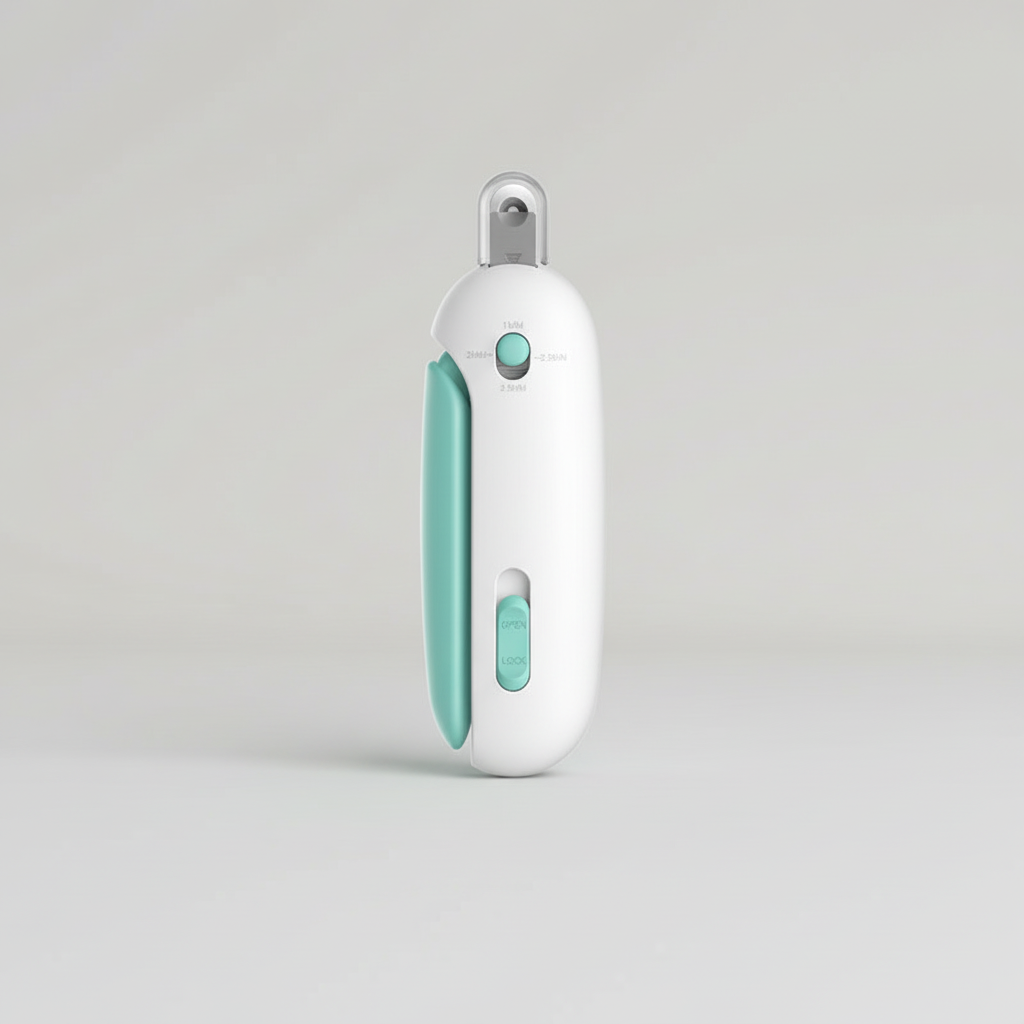 Blue-and-white precision pet clipper with enclosed trimming head and grip buttons