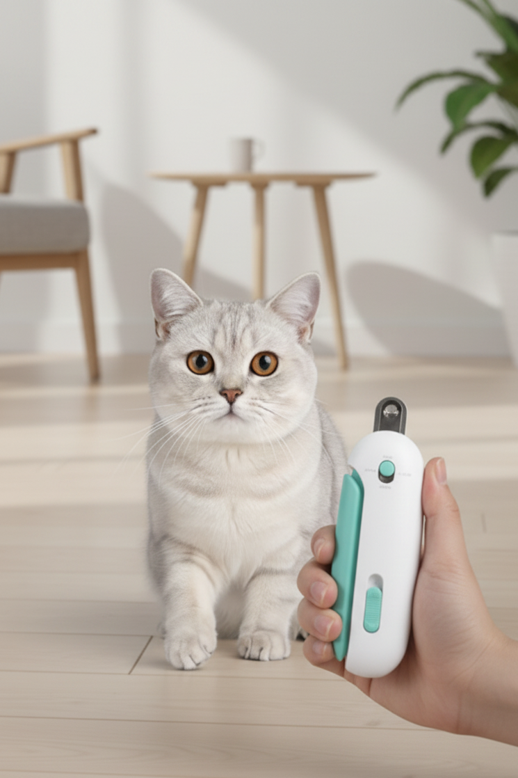 Teal-and-white precision pet clipper held in a hand