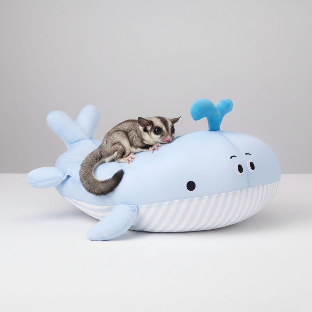 Plush whale-shaped pet bed with blue fins and striped base