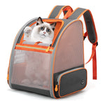 Pet backpack with orange trim, grey mesh sides, and black front zipper pocket