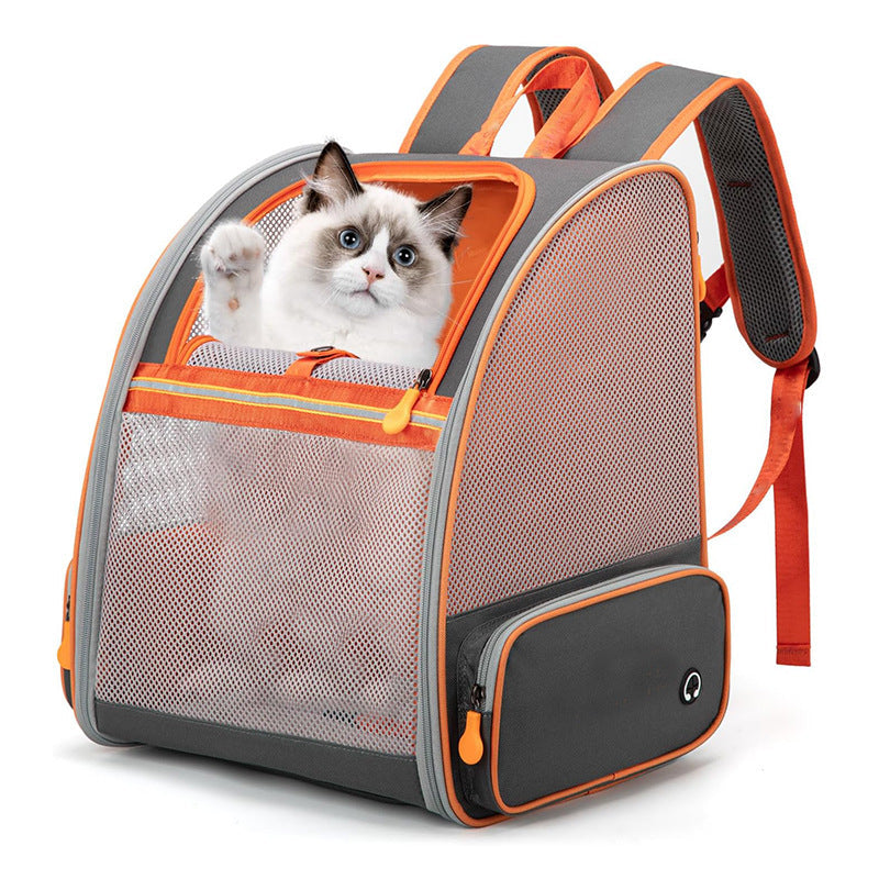 Pet backpack with orange trim, grey mesh sides, and black front zipper pocket
