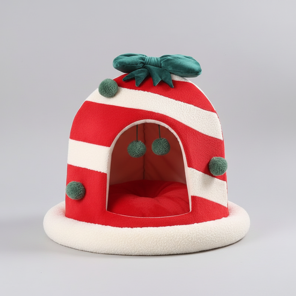 Christmas candy hut pet bed with red and white striped tunnel entrance, green pom accents