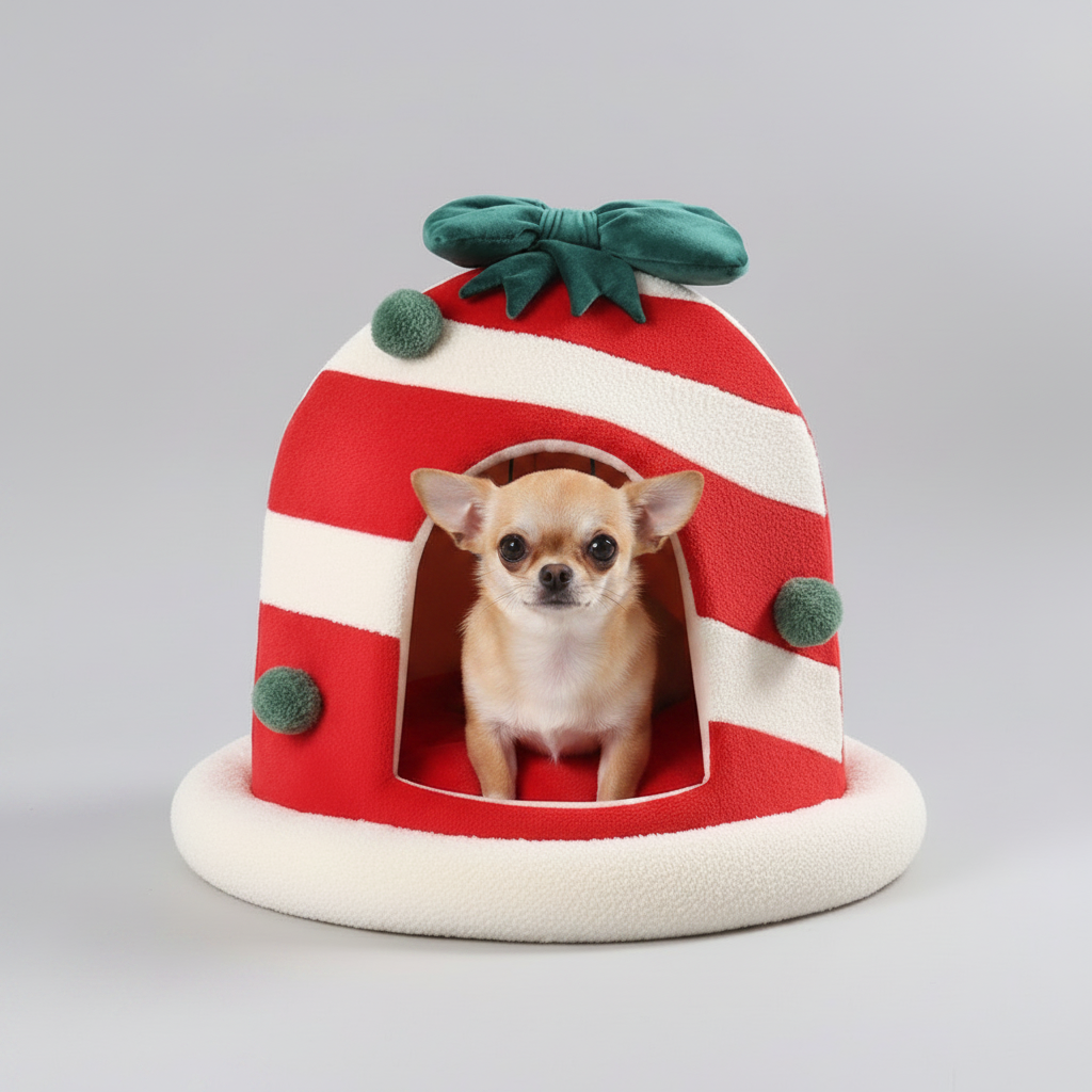 Christmas candy hut pet bed with red and white striped tunnel, small dog peeking inside