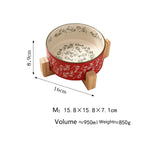 Red ceramic pet bowl with wooden stand, garden pattern, medium size