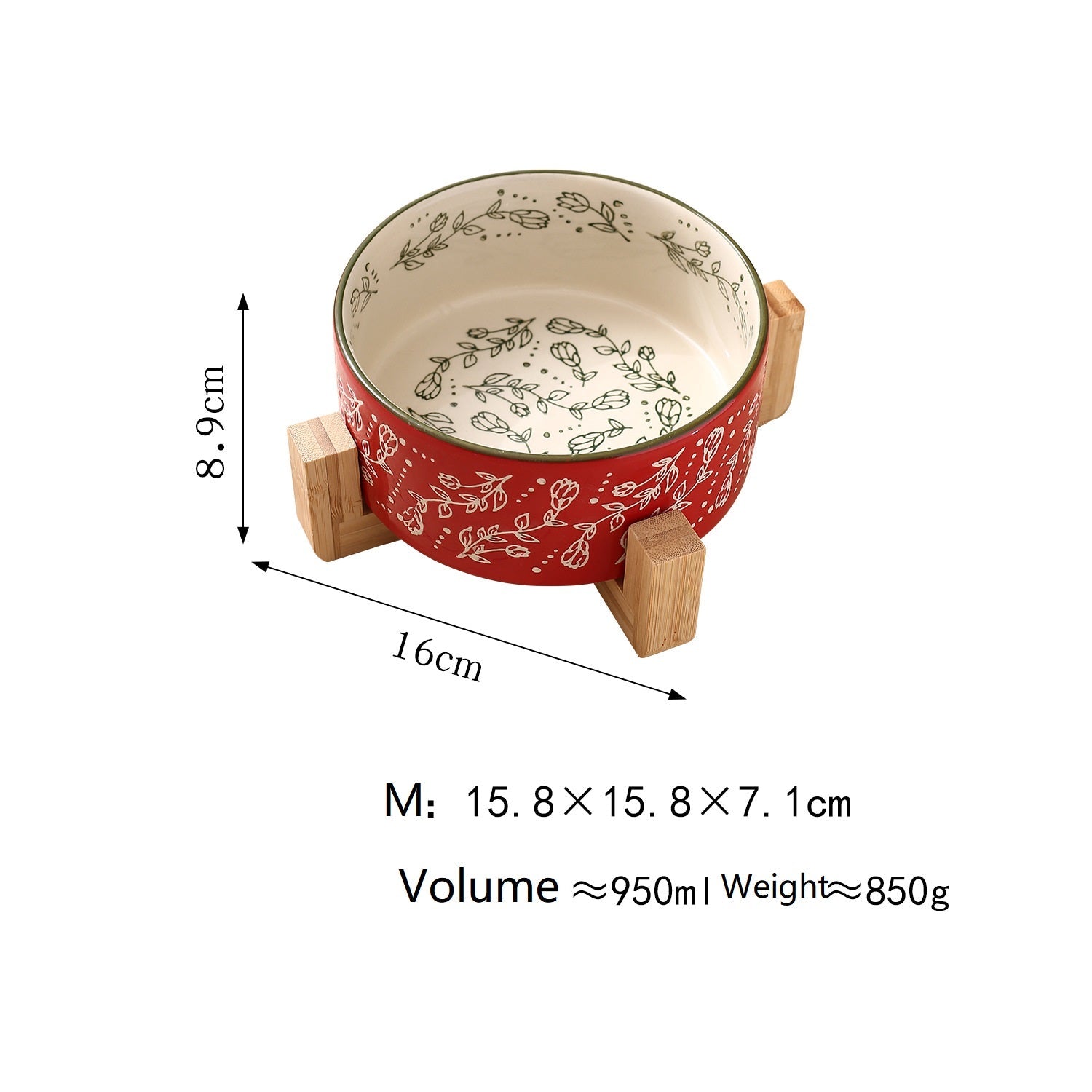 Red ceramic pet bowl with wooden stand, garden pattern, medium size