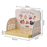Pet feeding tray with beige front and blue highlights, featuring two raised bowl rests