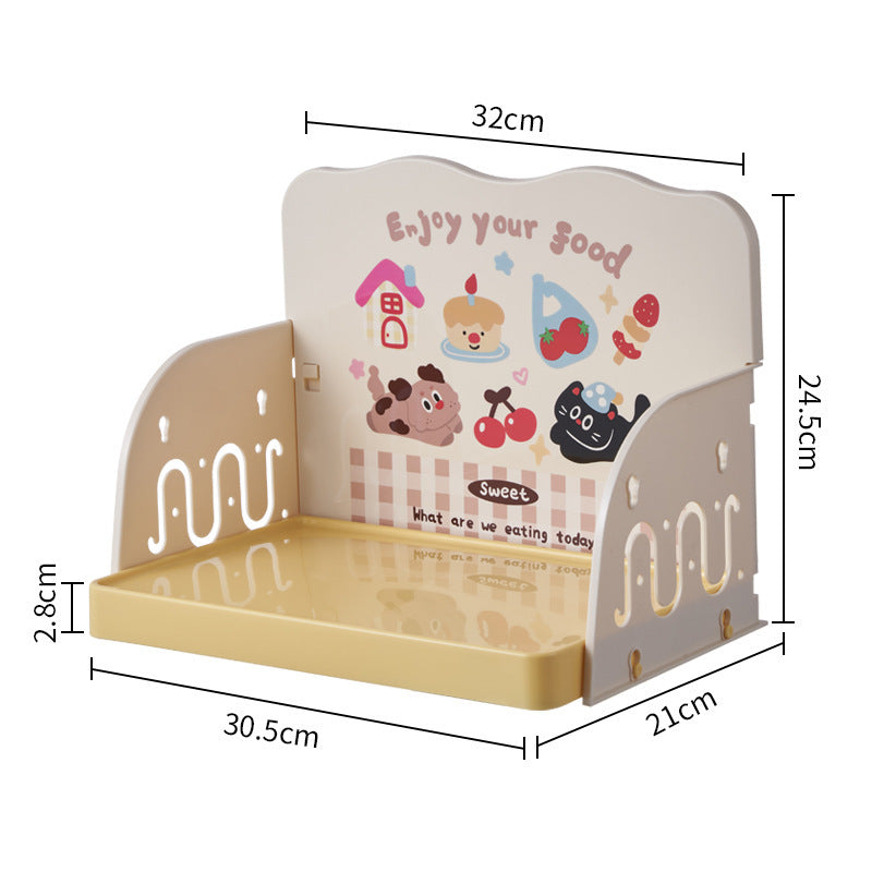 Pet feeding tray with beige front and blue highlights, featuring two raised bowl rests