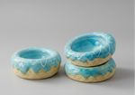 Donut ceramic pet bowl set of 2: two blue glazed bowls, one stacked on another