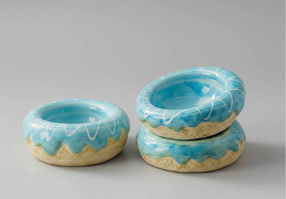 Donut ceramic pet bowl set of 2: two blue glazed bowls, one stacked on another