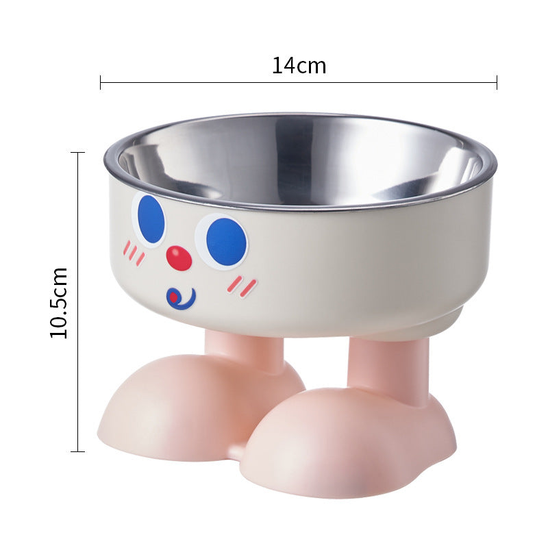 Elevated pet bowl with stainless steel insert, pink base, cute face design