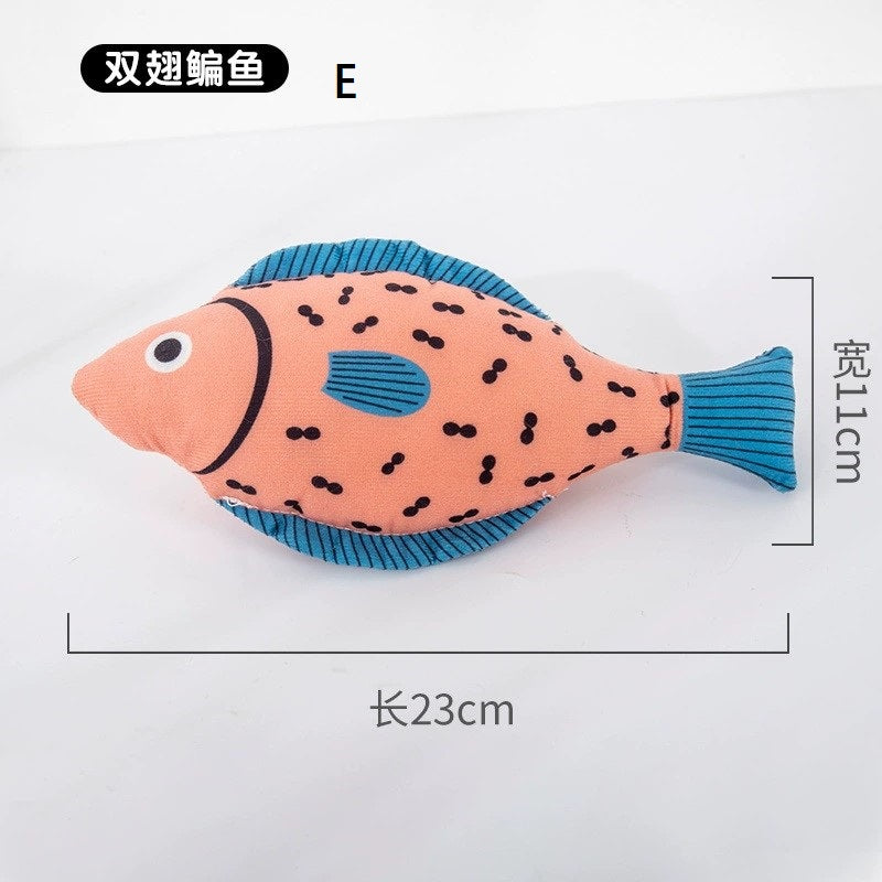 Peach and blue fish plush toy with bell, style E; about 23 cm long
