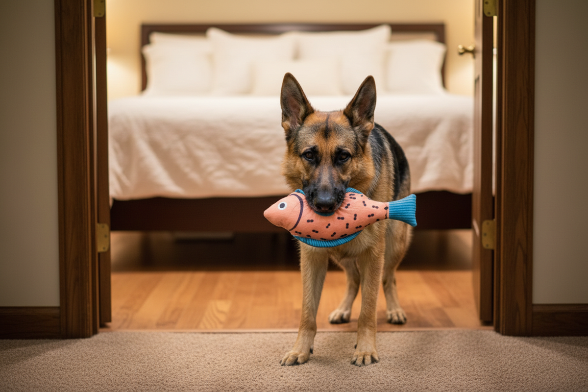 Peach and blue catnip fish plush with built-in bell, held by a dog