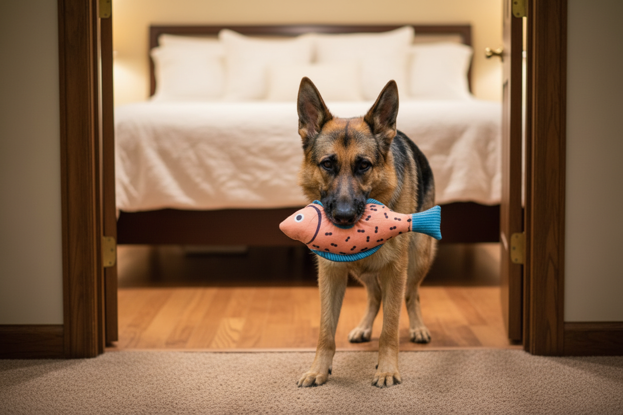 Peach and blue catnip fish plush with built-in bell, held by a dog