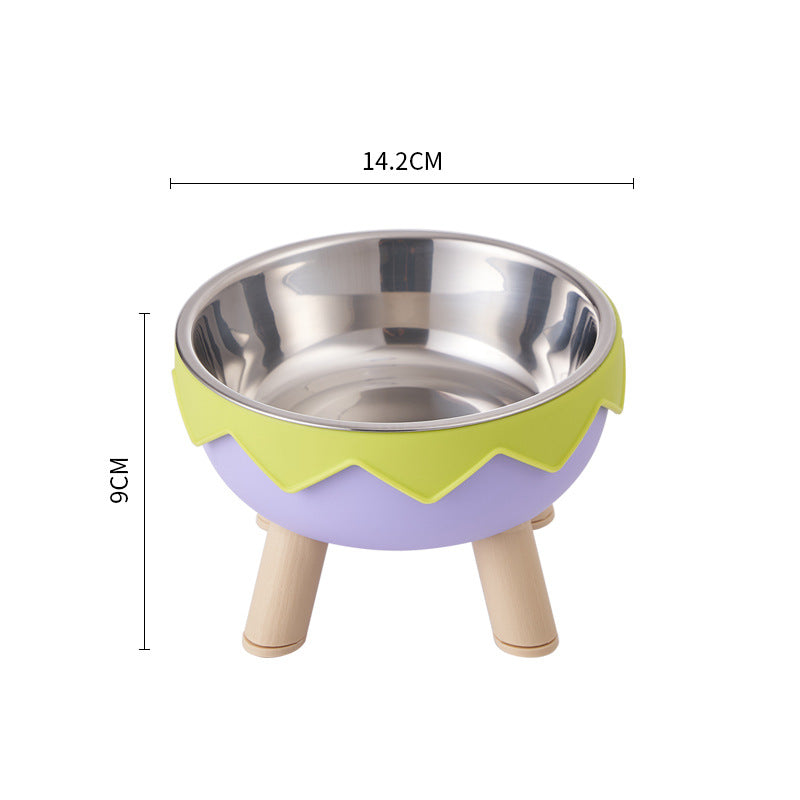 Stainless steel elevated pet bowl with legs, green and lavender tray base
