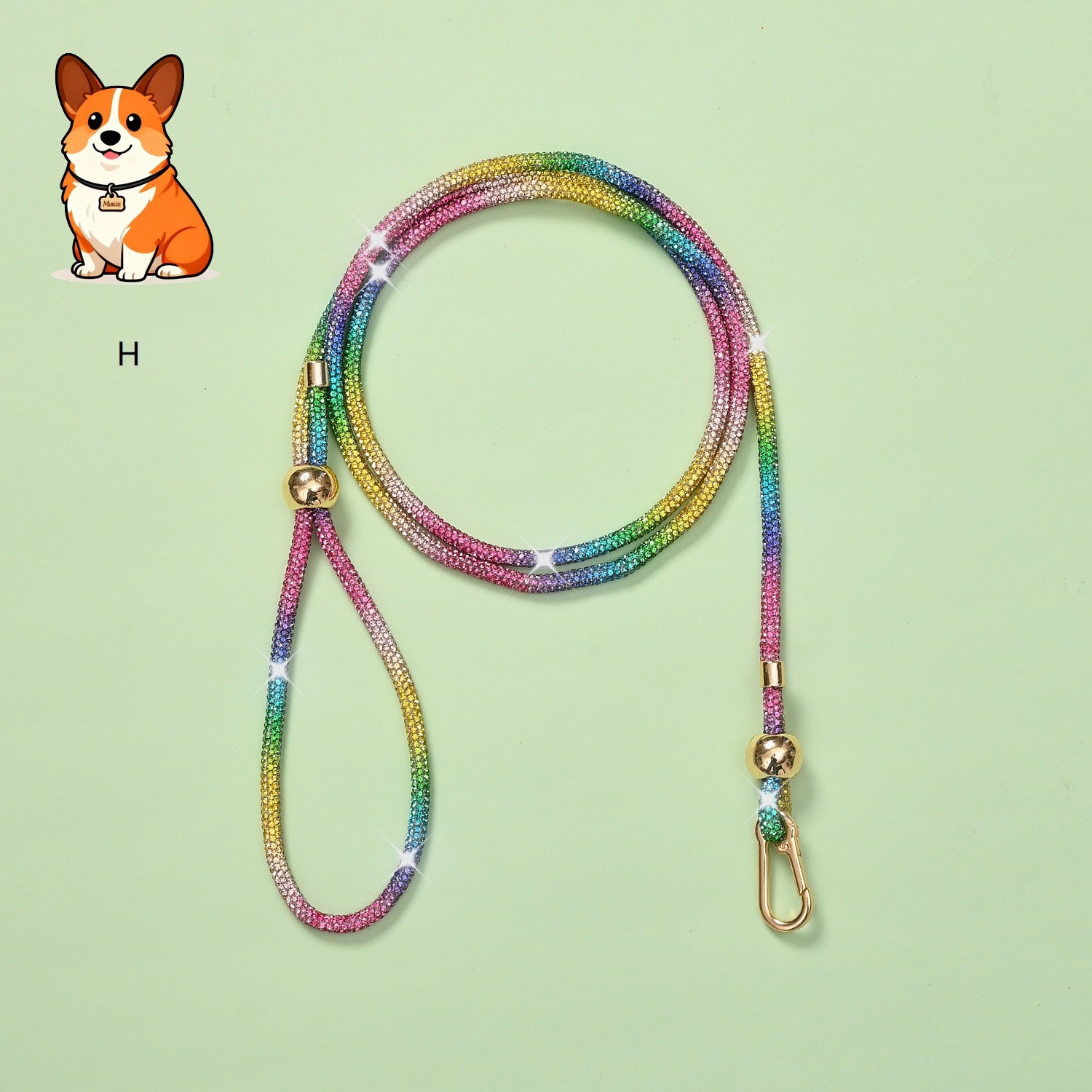 Rhinestone dog leash with multicolor sparkly cord and gold clasp hardware