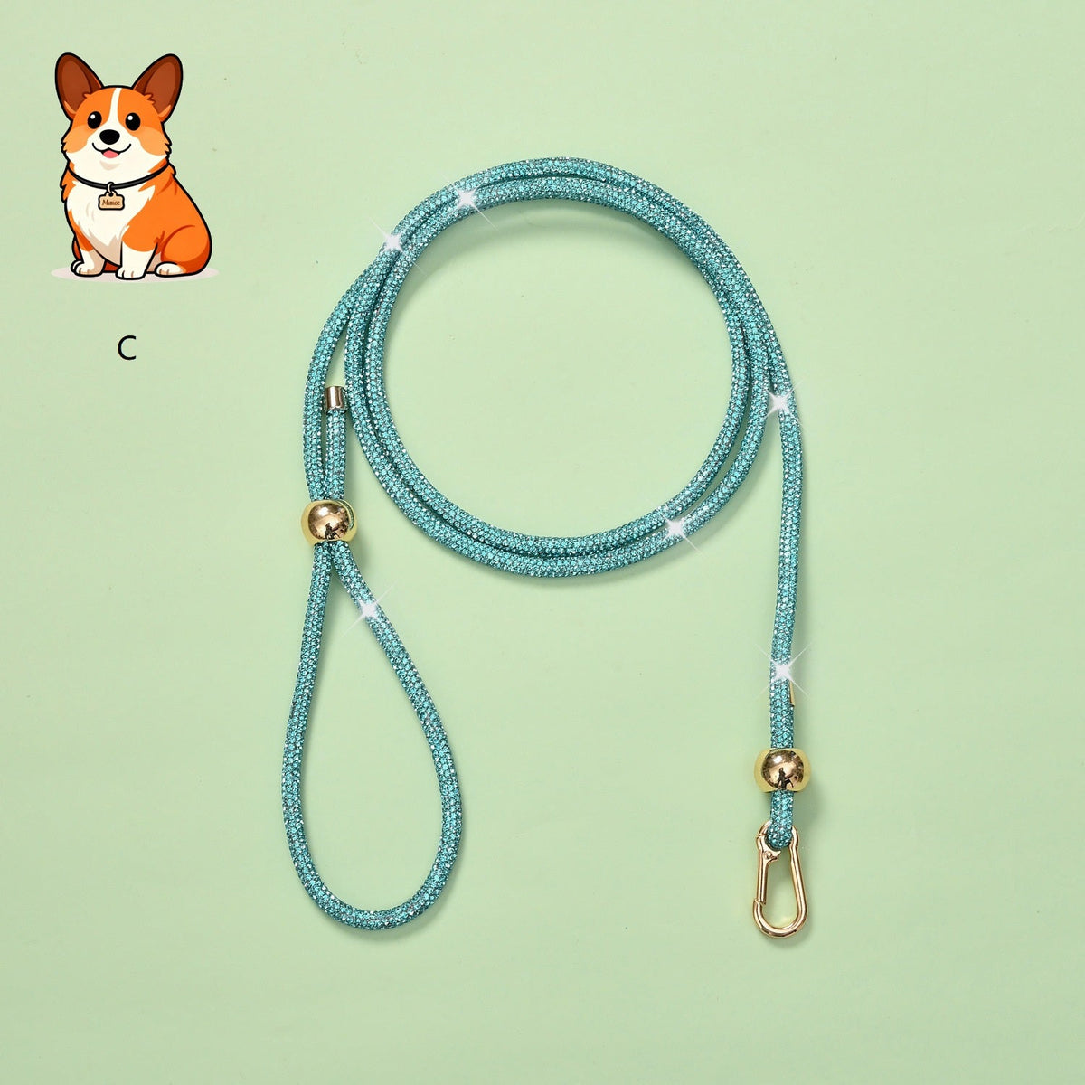 Rhinestone dog leash with blue-green sparkly cord and gold clasp hardware