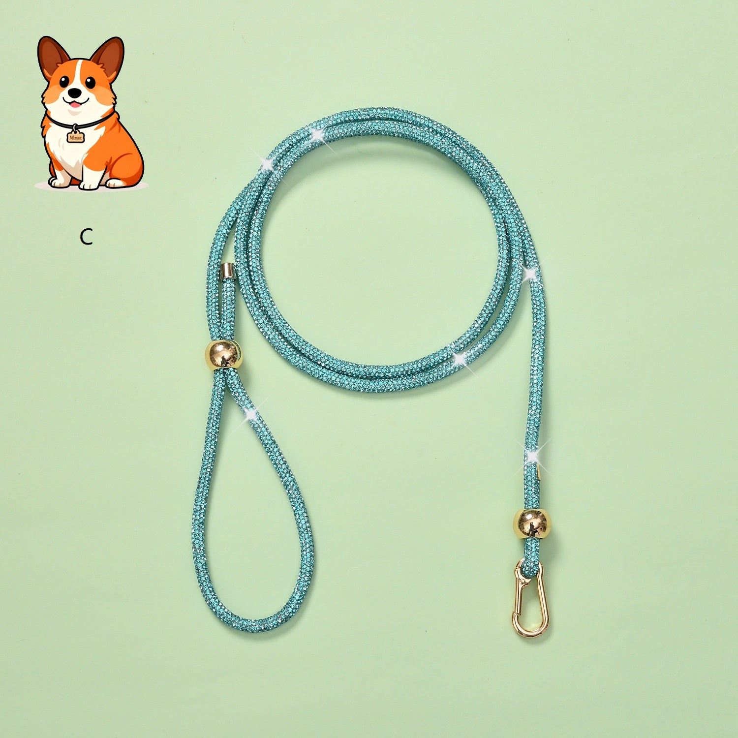 Rhinestone dog leash with blue-green sparkly cord and gold clasp hardware
