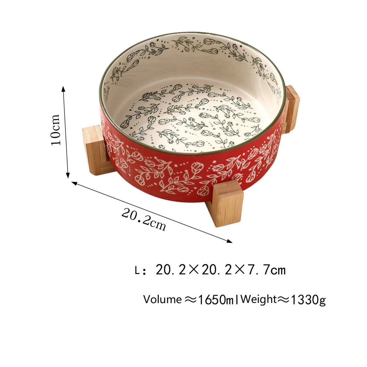 Red ceramic pet bowl with wooden stand, garden pattern, large size