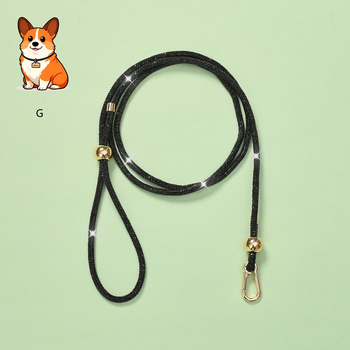 Rhinestone dog leash with black sparkly cord and gold clasp hardware