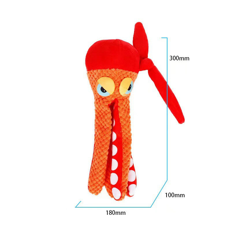 Plush octopus dog toy size 180x100x300mm, orange body with red tentacles