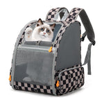 Pet backpack with checkered trim, grey mesh front, and black-and-white side pocket