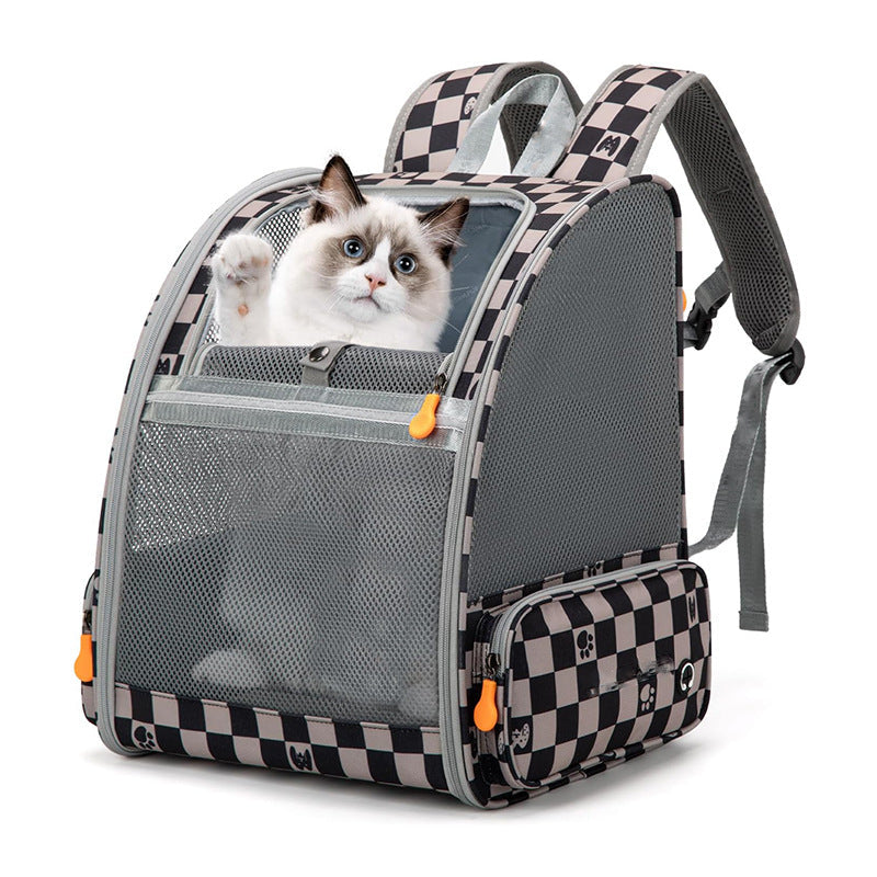 Pet backpack with checkered trim, grey mesh front, and black-and-white side pocket