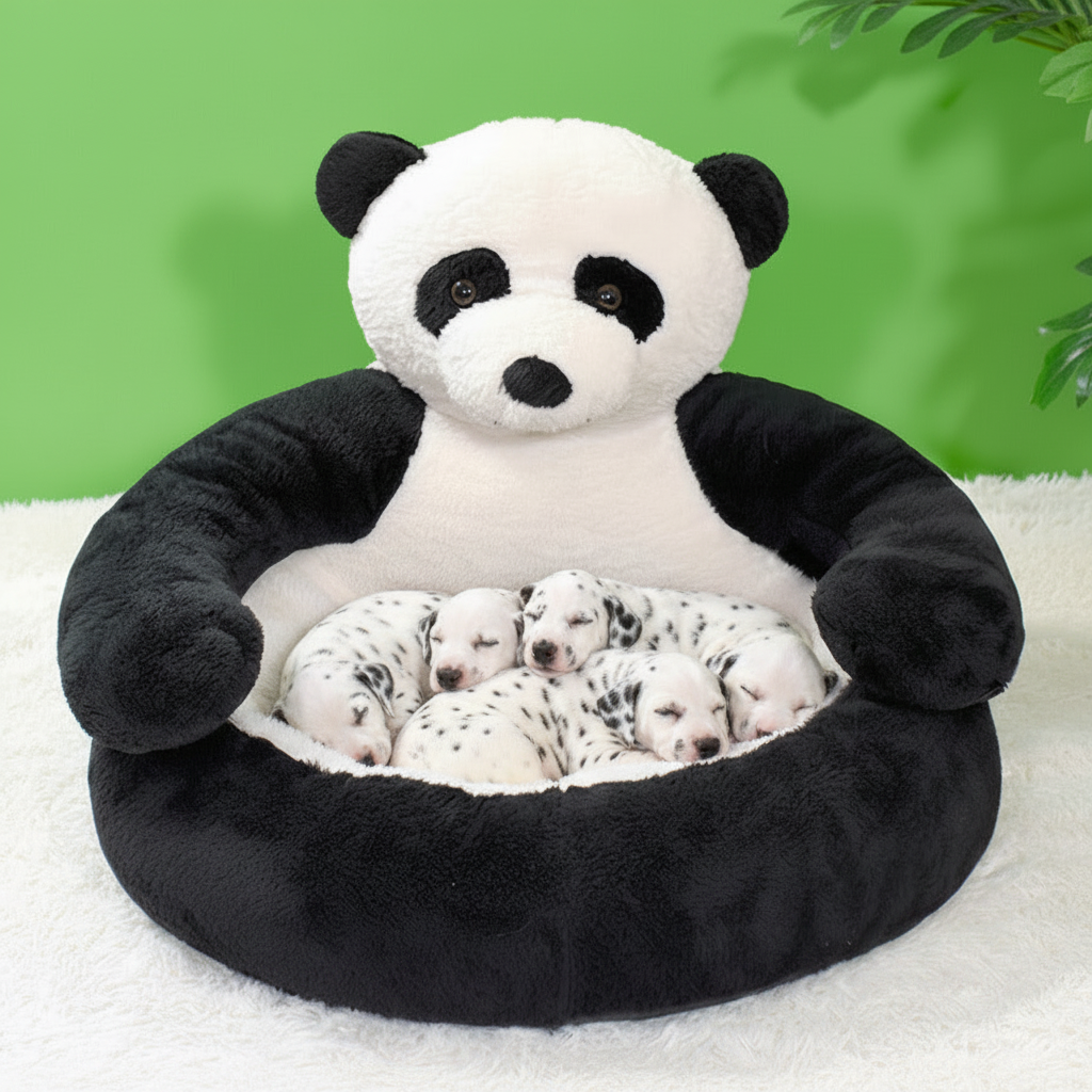 Panda plush pet bed with panda face, black-and-white cushion and bolster, filled with puppies