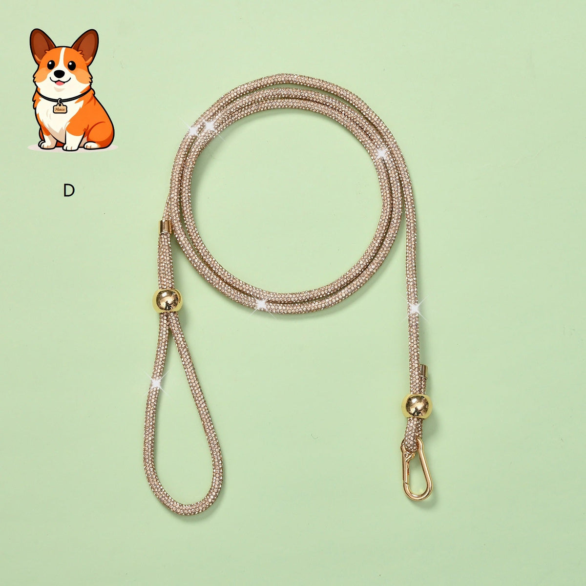 Rhinestone dog leash with champagne sparkly cord and gold clasp hardware