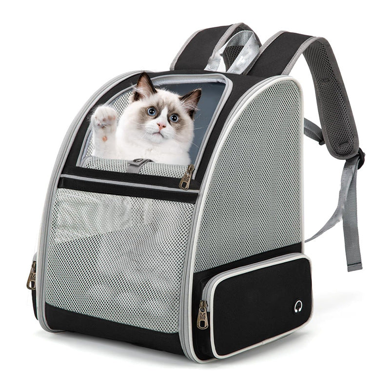 Pet backpack with grey mesh panels and black front side pocket with zipper