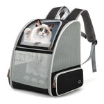 Pet backpack with grey mesh panels and black front side pocket with zipper