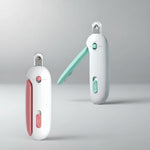 Pair of precision pet clippers in blue and pink with hinged trimming handles