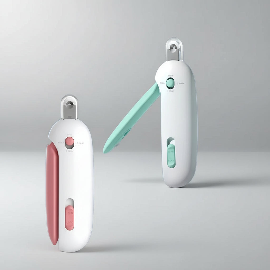 Pair of precision pet clippers in blue and pink with hinged trimming handles