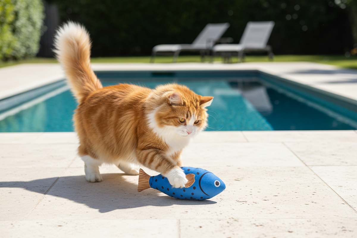 Blue spotted catnip fish plush toy with small bell on the ground