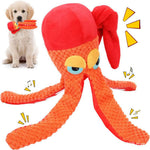 Orange plush octopus dog toy with red tentacles, wide eyes, squeaker and crinkle