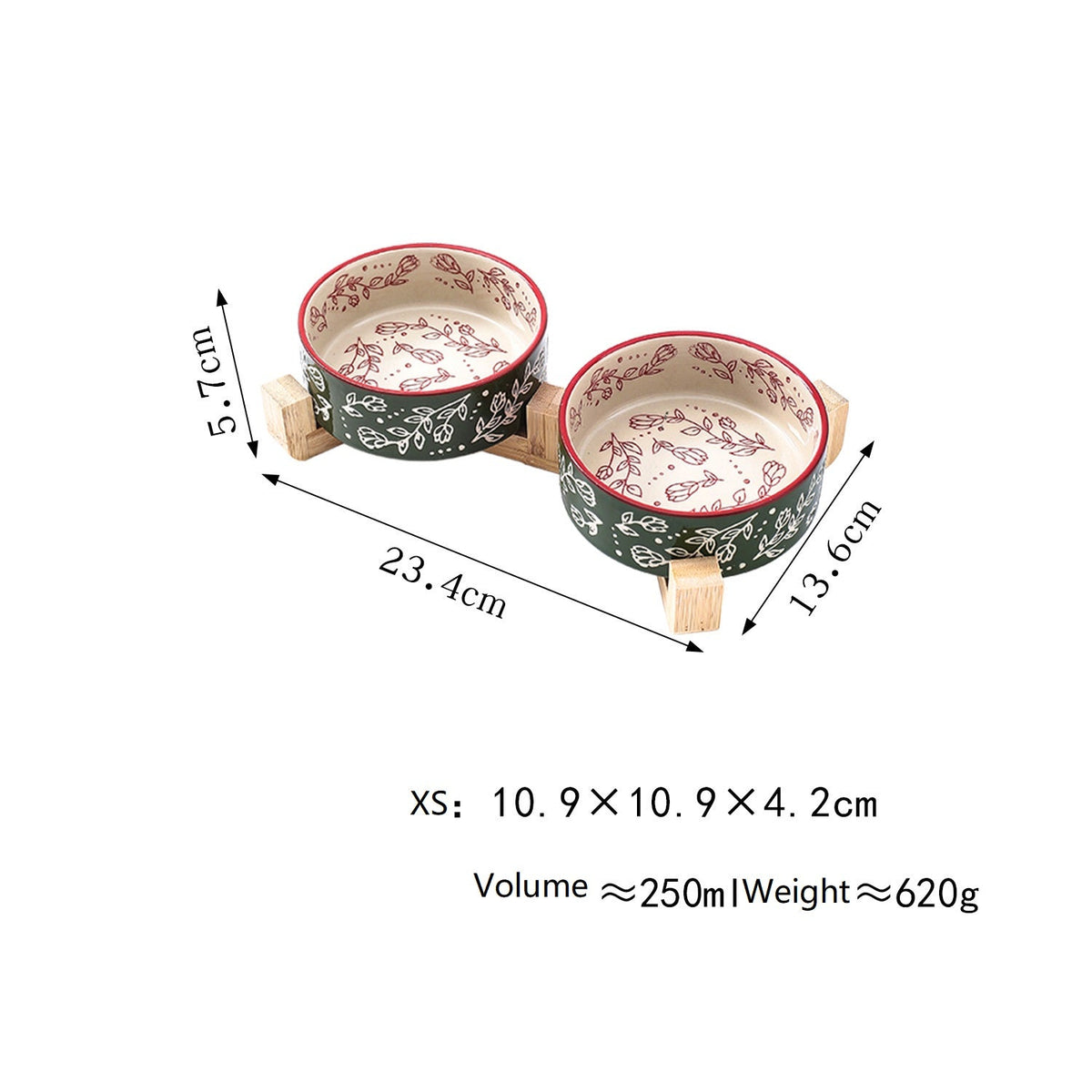 Small ceramic pet bowl set with wooden stands, red and green garden pattern