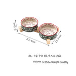 Small ceramic pet bowl set with wooden stands, red and green garden pattern