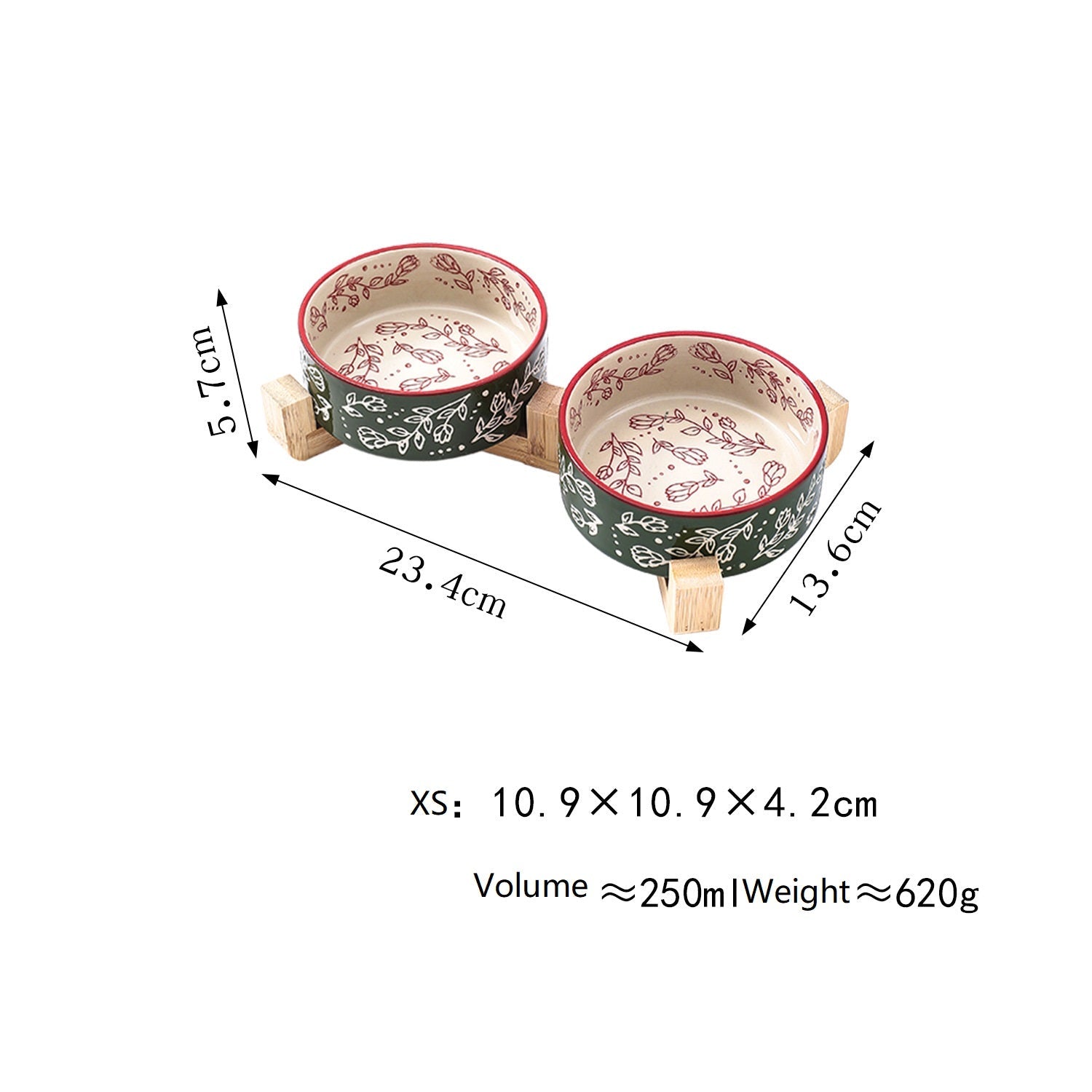 Small ceramic pet bowl set with wooden stands, red and green garden pattern