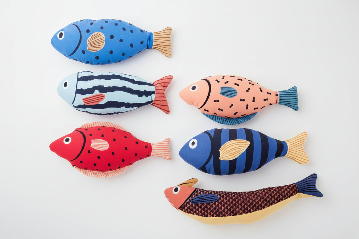 Catnip fish plush toy set with small bell, assorted blue red and striped designs