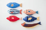 Catnip fish plush toy set with small bell, assorted blue red and striped designs