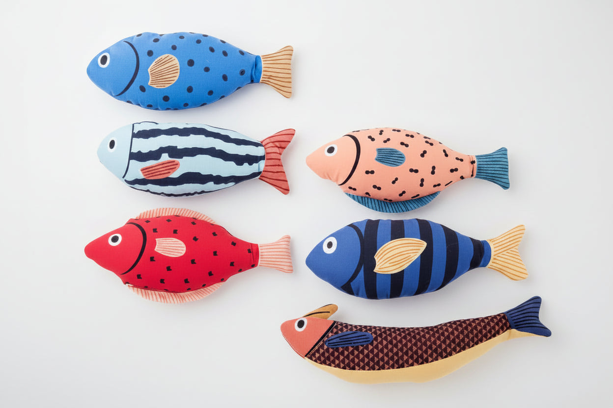 Catnip fish plush toy set with small bell, assorted blue red and striped designs