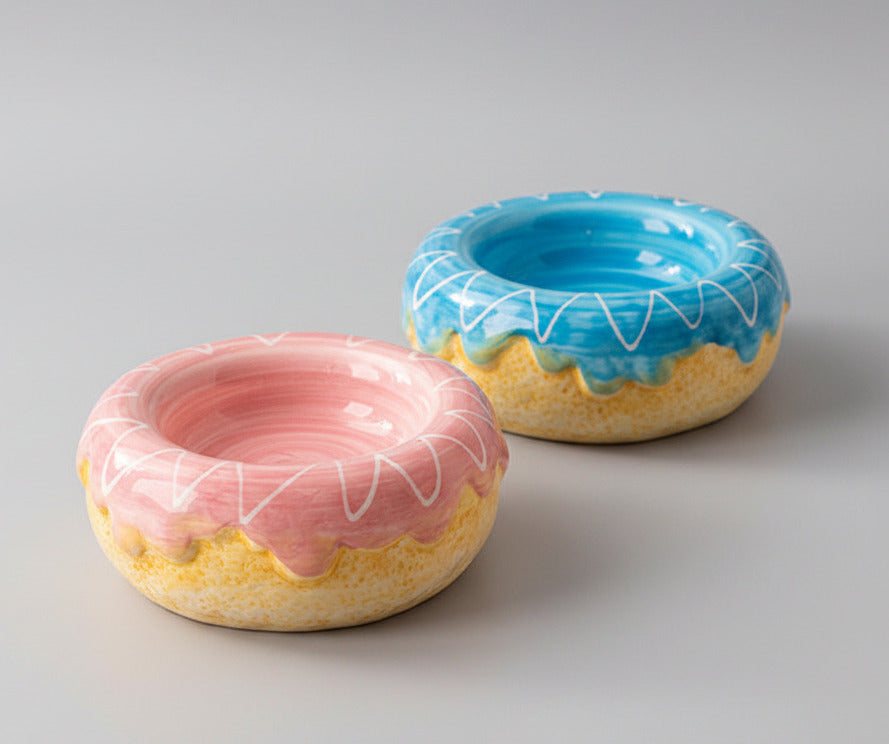 Donut ceramic pet bowls, set of 2: pink bowl and blue bowl with drip design