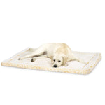 Natural/cream plush fleece mat pet bed with raised border, dog resting on top
