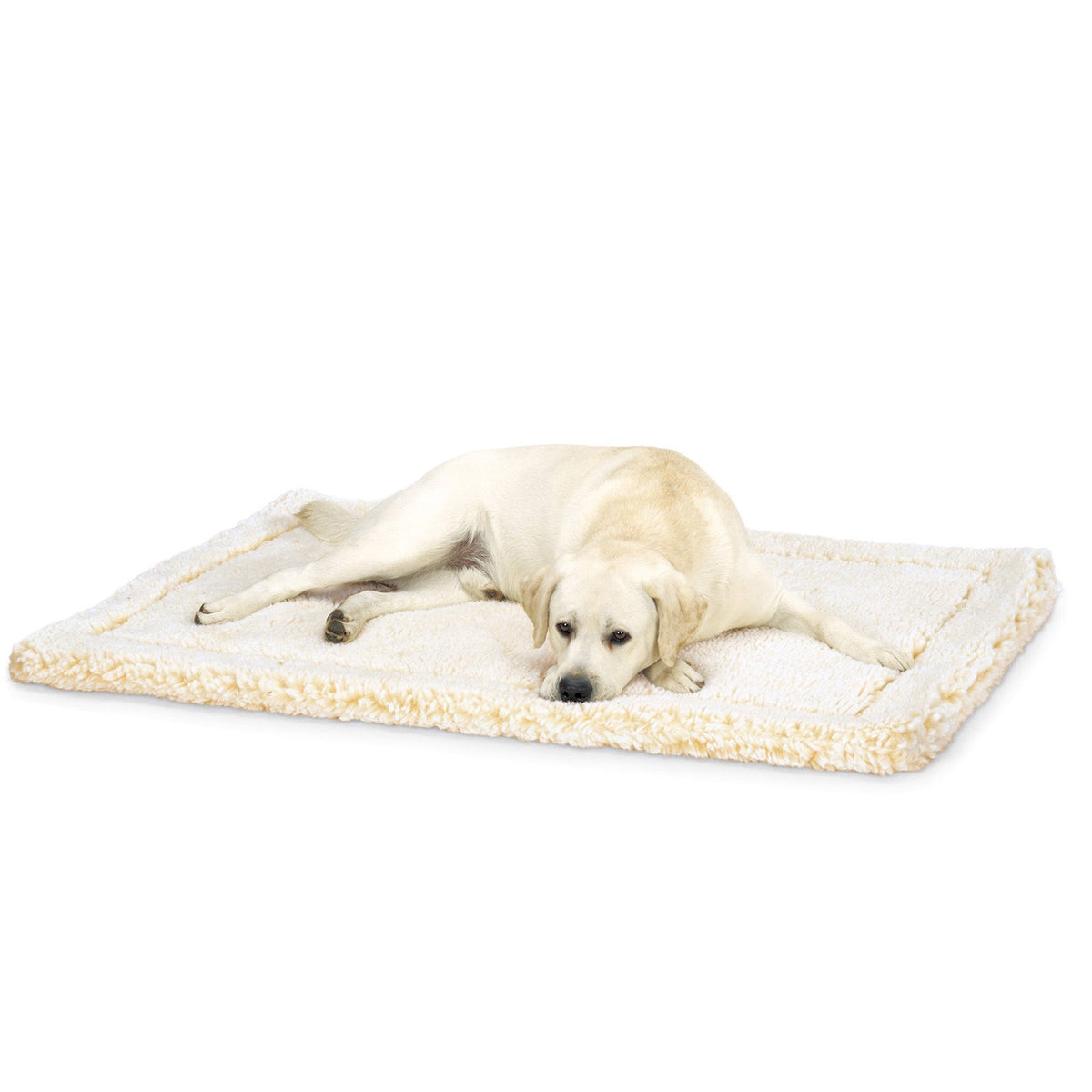 Natural/cream plush fleece mat pet bed with raised border, dog resting on top