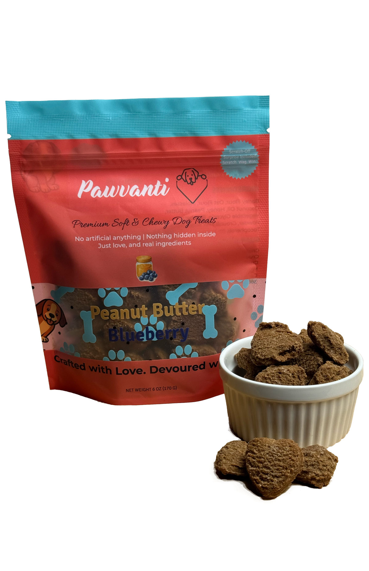 Dog treat pouch with bowl of dark brown heart-shaped treats