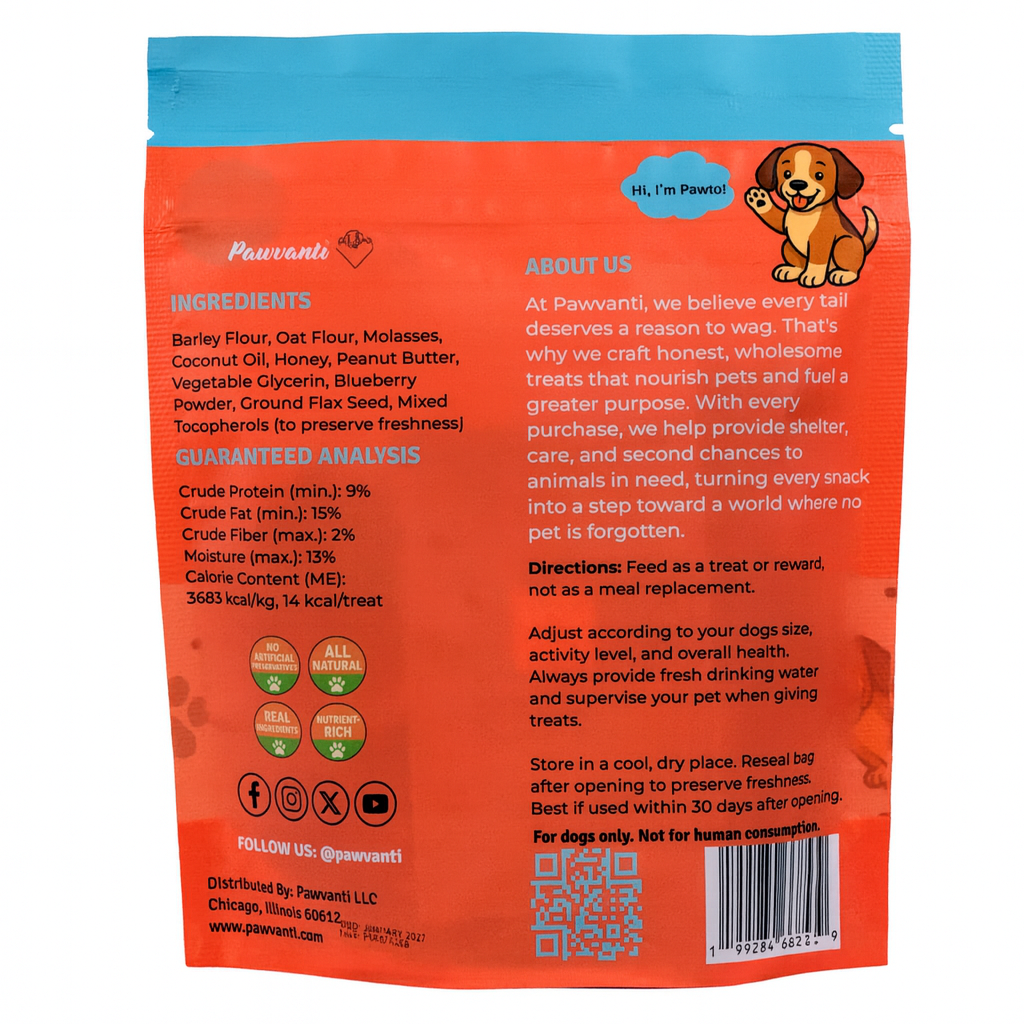 Dog treat pouch back with ingredients and guaranteed analysis panel, orange bag