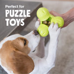 Dog chewing a green puzzle toy held by a hand