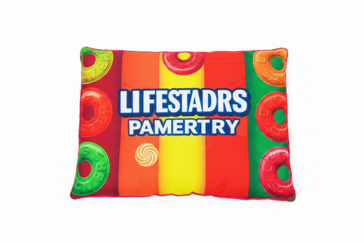 Pet bed cushion with bright orange, red, green, and yellow lifesaver design