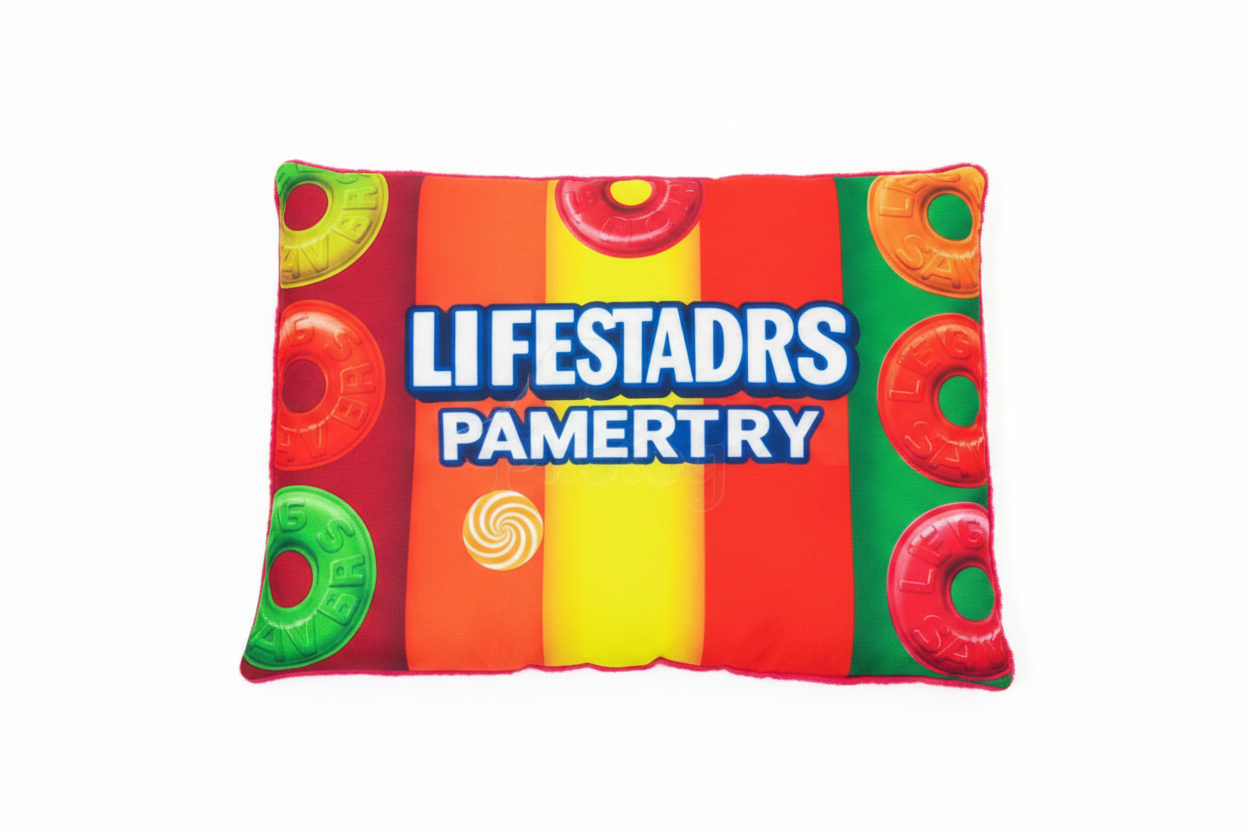Pet bed cushion with bright orange, red, green, and yellow lifesaver design